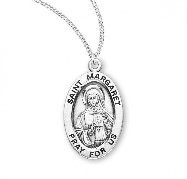 Sterling Silver St. Margaret Oval Medal on a 18&quot; Rhodium Plated Chain