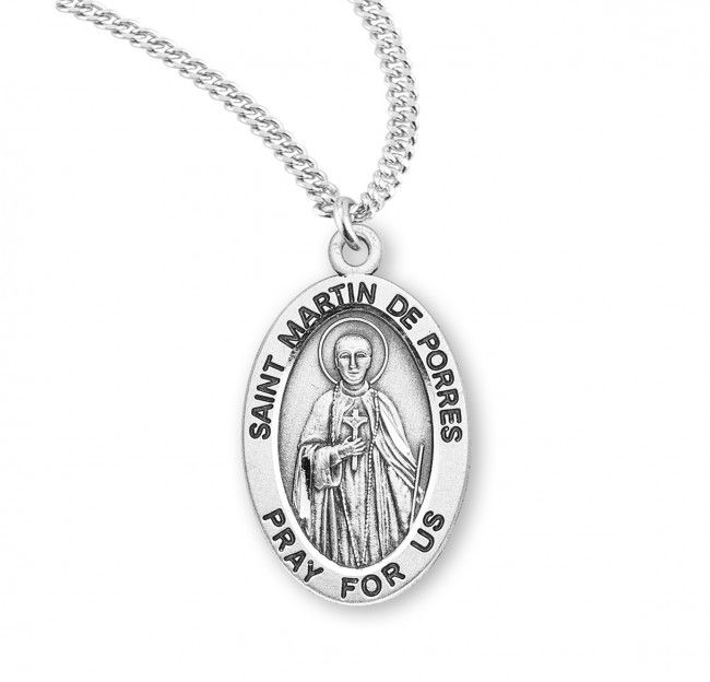 Sterling Silver St. Martin De Porres Oval Medal on a 20&quot; Rhodium Plated Chain