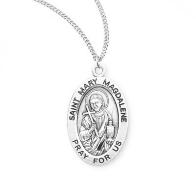 Sterling Silver St. Mary Magdalene Oval Medal on a 18&quot; Rhodium Plated Chain