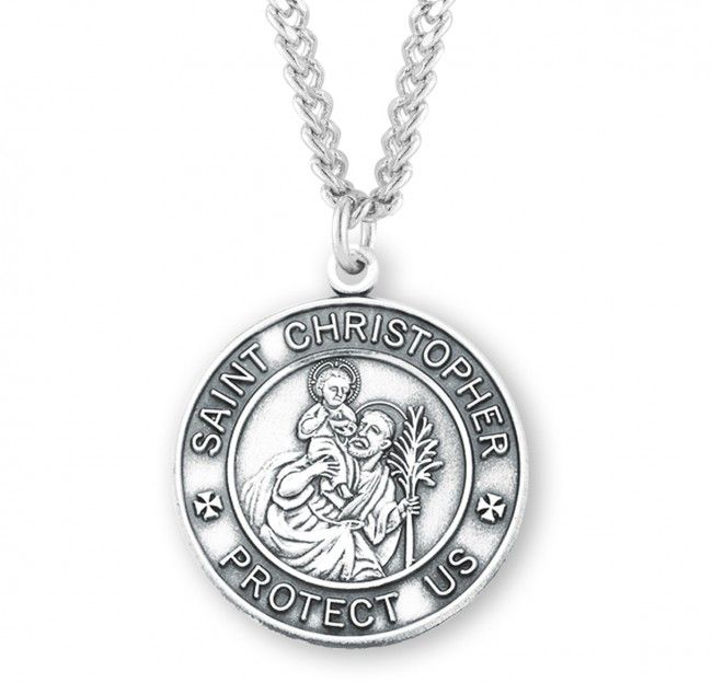 Sterling Silver St. Christopher  Oval Medal on a 24&quot; Rhodium Plated Chain