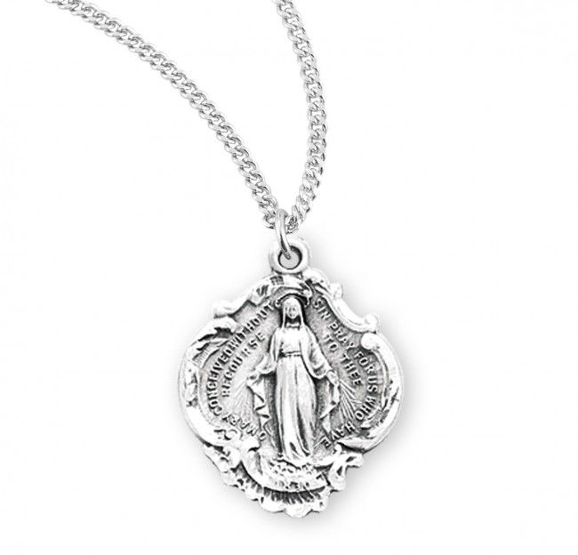 Sterling Silver Medium Baroque Miraculous Medal on a 18&quot;  Rhodium Plated Chain