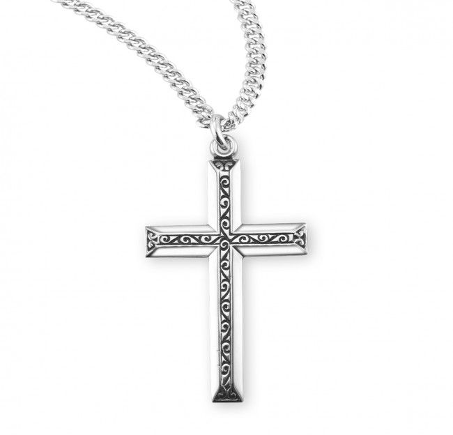 Sterling Silver Medium Cross with Raised Center Design on a 20" Rhodium Plated Chain Sterling Silver Medium Cross with Raised Center Design on a 20" Rhodium Plated Chain