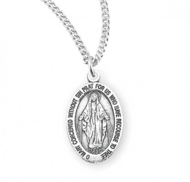 Sterling Silver Medium Oval Miraculous Medal on a 18&quot; Rhodium Plated Chain
