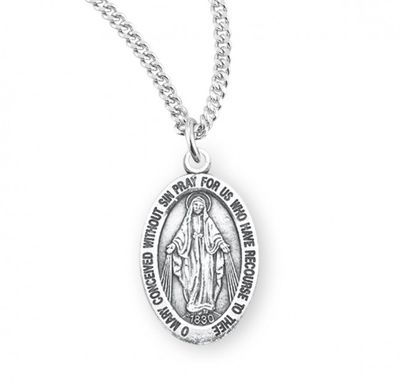 Sterling Silver Medium Oval Miraculous Medal on a 18&quot; Rhodium Plated Chain