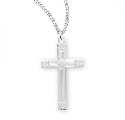 Sterling Silver Medium Fancy Cross on a 18&quot; Rhodium Plated Chain