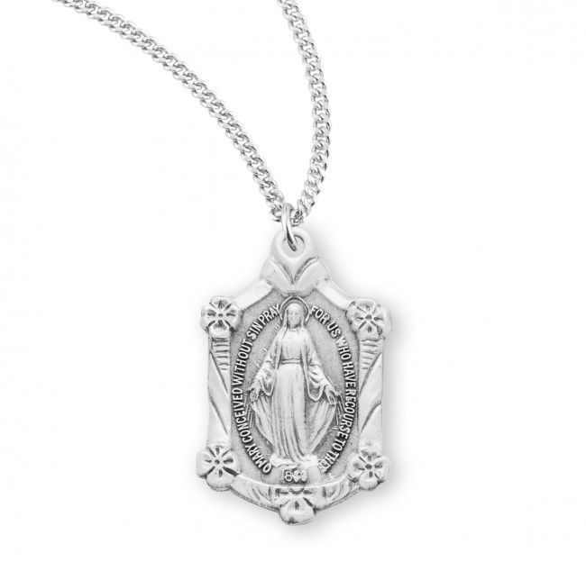 Sterling Silver Medium Miraculous with Flowers on a 18&quot; Rhodium Plated Chain