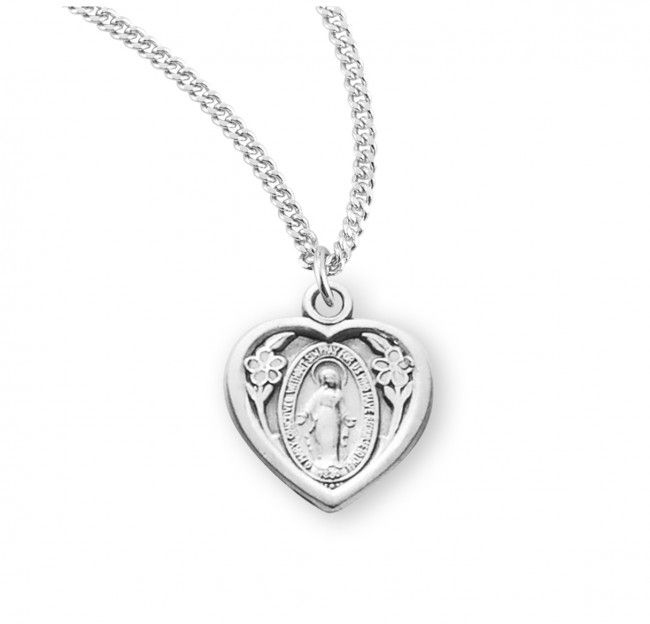 Sterling Silver Heart Shaped Miraculous Medal on a 18&quot; Rhodium Plated Chain