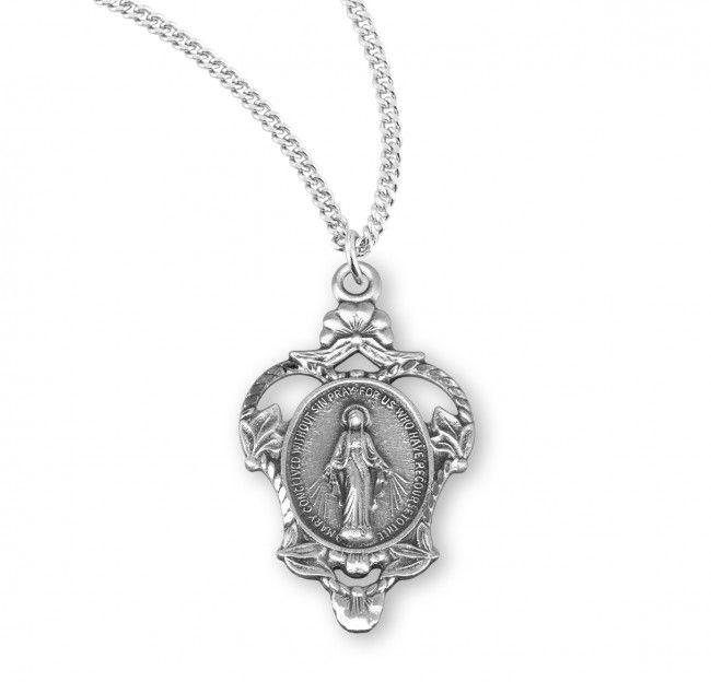 Sterling Silver Miraculous Medal in a Flower Basket Frame Border on a 18&quot; Rhodium Plated Chain