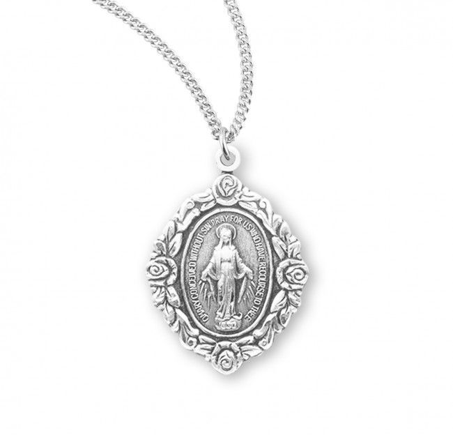 Sterling Silver Miraculous Medal with Roses on a 18&quot; Rhodium Plated Chain