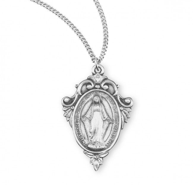 Sterling Silver Fancy Miraculous With Pierced Scroll on an 18&quot; Rhodium Plated Chain