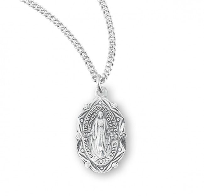 Sterling Silver Oval Miraculous Medal on a 18&quot; Rhodium Plated Chain