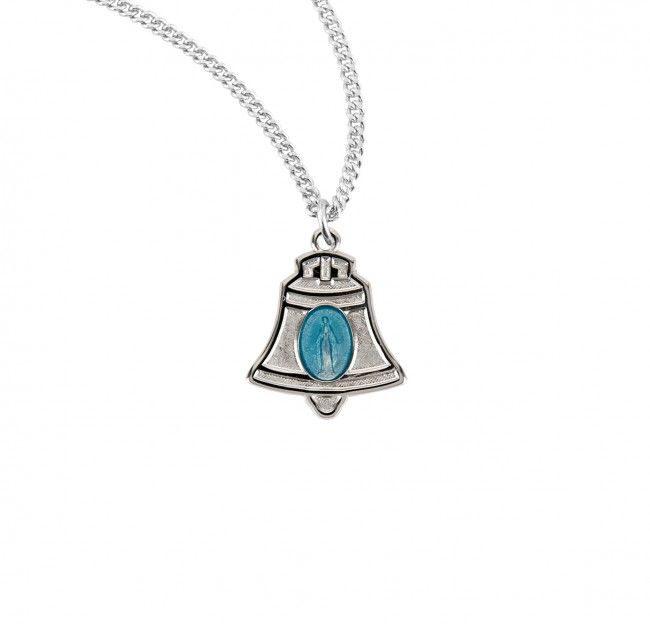 Sterling Silver Bell Miraculous Medal with Blue Enamel on a 18&quot; Rhodium Plated Chain