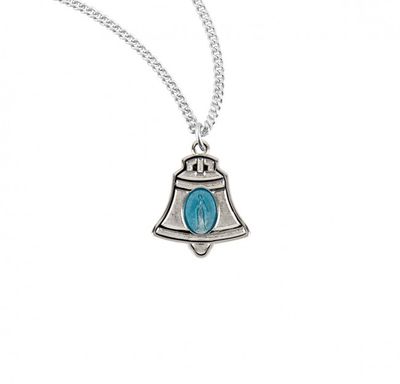 Sterling Silver Bell Miraculous Medal with Blue Enamel on a 18&quot; Rhodium Plated Chain