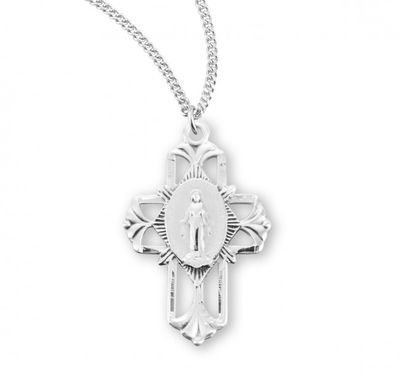Sterling Silver Pierced Miraculous Cross on a 18&quot; Rhodium Plated Chain