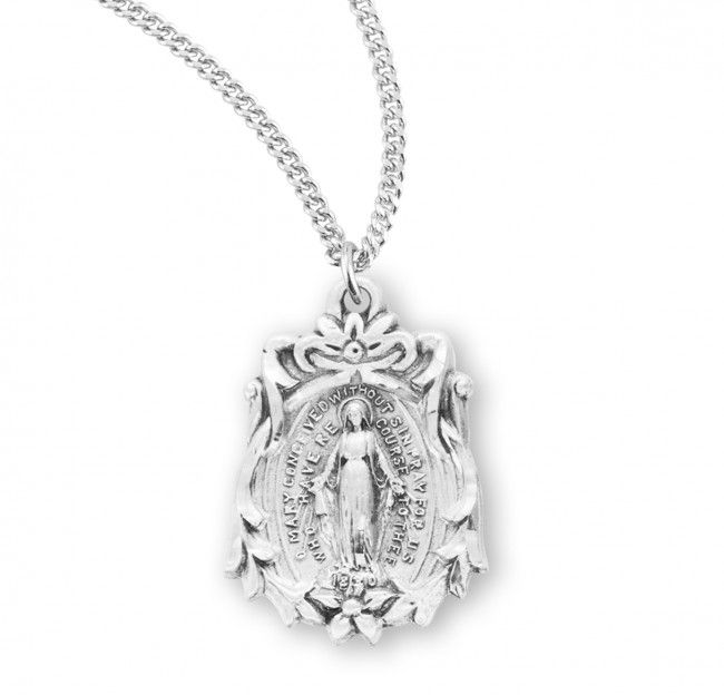 Sterling Silver Fancy Miraculous Medal on a 18&quot; Rhodium Plated Chain