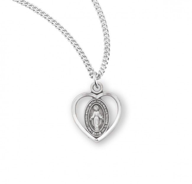 Sterling Silver Miraculous Heart Medal on a 18&quot; Rhodium Plated Chain