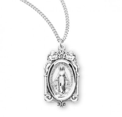 Sterling Silver Miraculous with Angels on a 18&quot; Rhodium Plated Chain