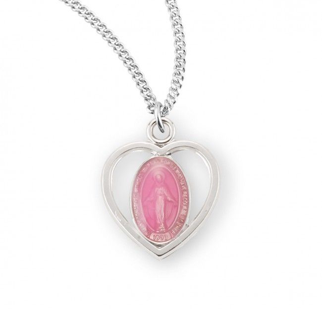 Sterling Silver Pink Enameled Miraculous Medal on a 18&quot; Rhodium Plated Chain