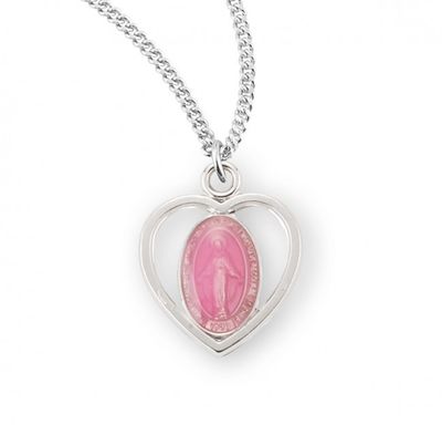 Sterling Silver Pink Enameled Miraculous Medal on a 18&quot; Rhodium Plated Chain