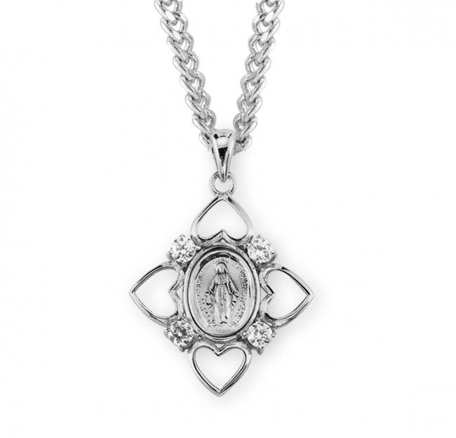 Sterling Silver Miraculous Medal with Hearts and Crystal Cubic Zirconia on a 24&quot; Rhodium Plated Chain