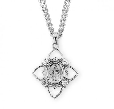 Sterling Silver Miraculous Medal with Hearts and Crystal Cubic Zirconia on a 24&quot; Rhodium Plated Chain