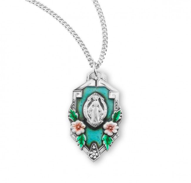 Sterling Silver Miraculous Medal in a Flower Frame with Blue Enamel on a 18&quot; Rhodium Plated Chain