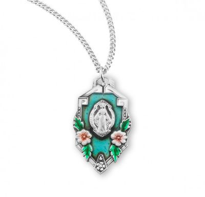 Sterling Silver Miraculous Medal in a Flower Frame with Blue Enamel on a 18&quot; Rhodium Plated Chain