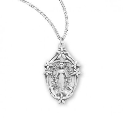 Sterling Silver Small Oval Miraculous with Flowers on a 18&quot; Rhodium Plated Chain