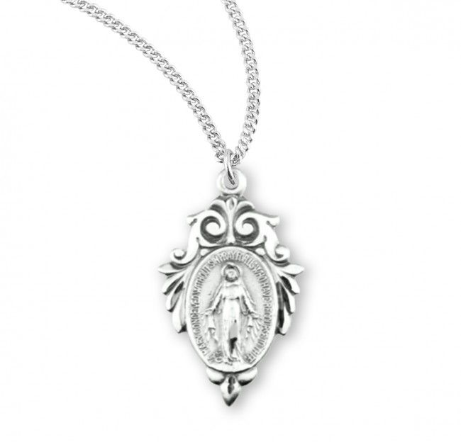 Sterling Silver Miraculous Medal with Fancy Leaf Swirled Top Border on a 18&quot; Rhodium Plated Chain