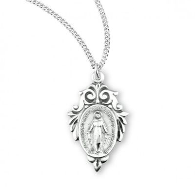 Sterling Silver Miraculous Medal with Fancy Leaf Swirled Top Border on a 18&quot; Rhodium Plated Chain
