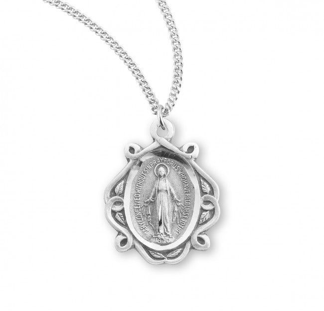 Sterling Silver Fancy Miraculous Medal with a 18&quot; Rhodium Plated Chain