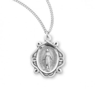 Sterling Silver Fancy Miraculous Medal with a 18&quot; Rhodium Plated Chain