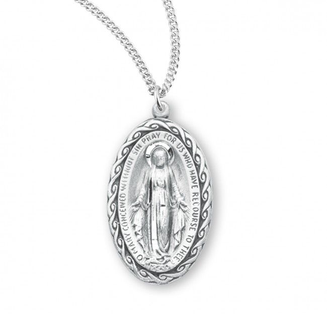 Sterling Silver Miraculous with Roped Edge on a 18&quot; Rhodium Plated Chain