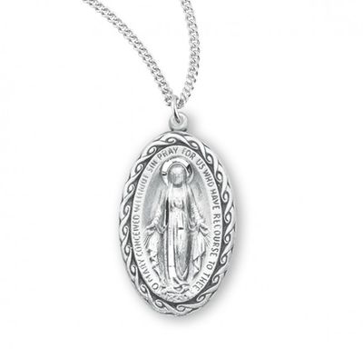 Sterling Silver Miraculous with Roped Edge on a 18&quot; Rhodium Plated Chain