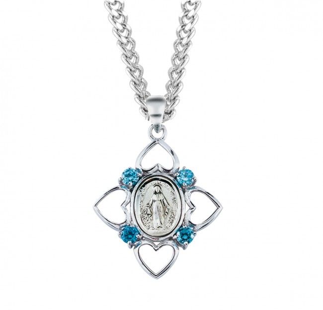 Sterling Silver Miraculous Medal with 4 Hearts and Light Sapphire Cubic Zirconia on a 24&quot; Rhodium Plated Chain
