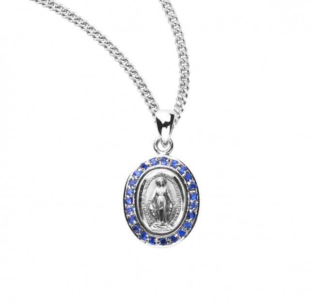 Sterling Silver Sapphire Cubic Zirconia Miraculous Medal on a 18&quot; Rhodium Plated Chain