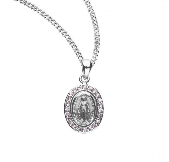 Sterling Silver Pink Cubic Zirconia Miraculous Medal on a 18&quot; Rhodium Plated Chain