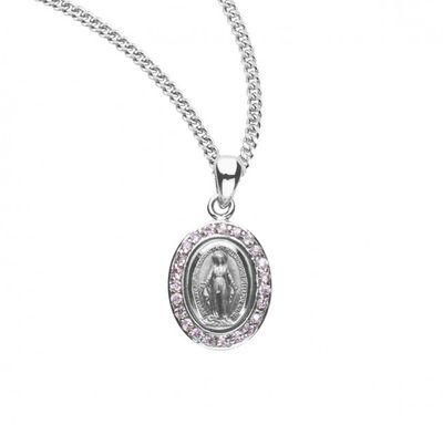 Sterling Silver Pink Cubic Zirconia Miraculous Medal on a 18&quot; Rhodium Plated Chain