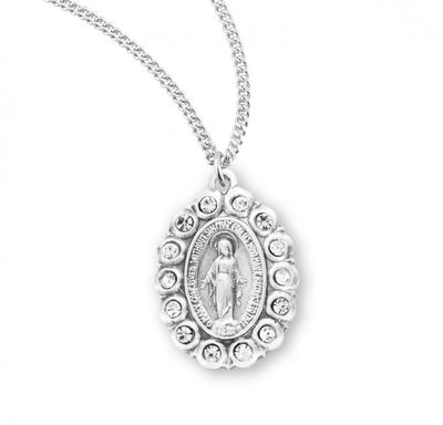Sterling Silver Oval Miraculous w/Crystal Stones on a 18&quot; Rhodium Plated Chain