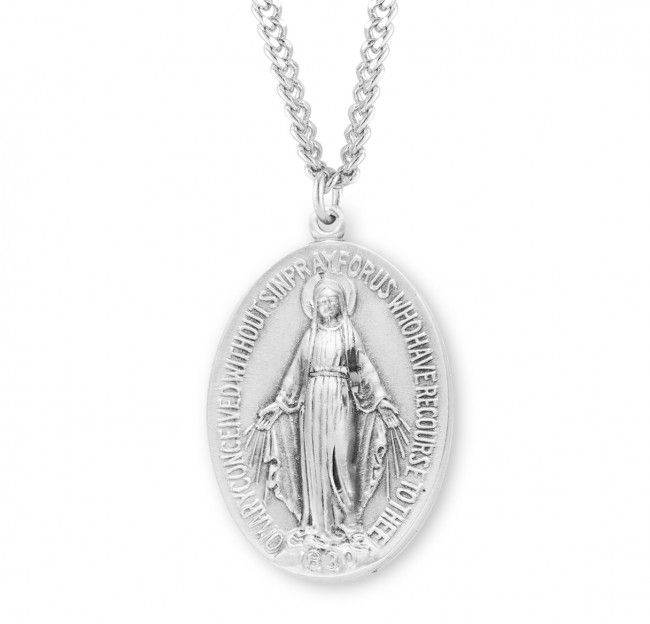 Sterling Silver Large Oval Miraculous Medal on a 27&quot; Rhodium Plated Chain