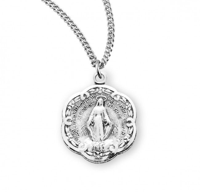Sterling Silver Round Fancy Miraculous Medal on a 18&quot; Rhodium Plated Chain