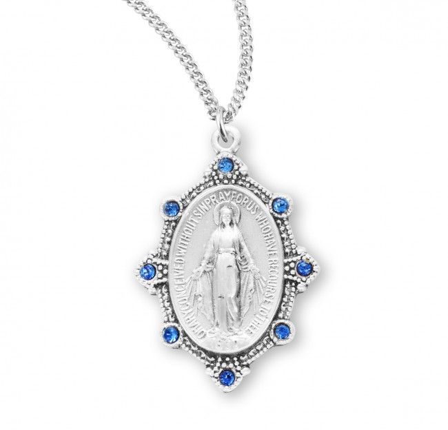 Sterling Silver Miraculous with Light Sapphire Stones on a 18&quot; Rhodium Plated Chain
