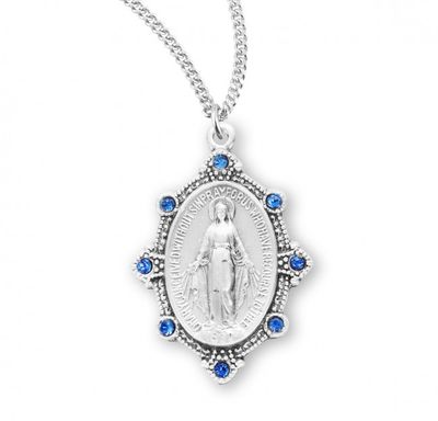 Sterling Silver Miraculous with Light Sapphire Stones on a 18&quot; Rhodium Plated Chain
