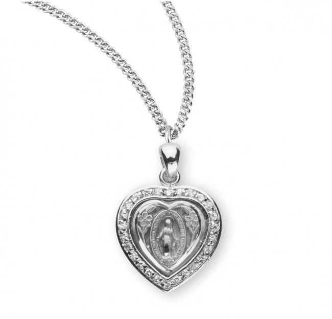 Sterling Silver Heart Miraculous Crystal Cubic Zirconia Pendant on a 18&quot; Rhodium Plated Chain