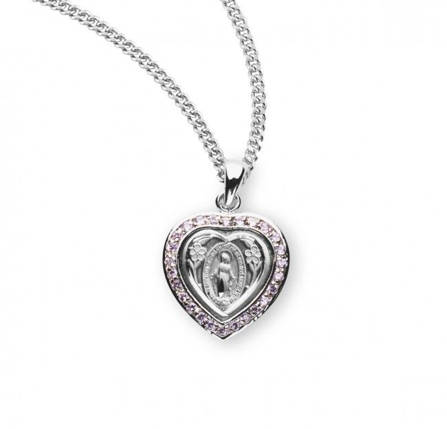 Sterling Silver Pink Cubic Zirconia Mirac. Medal on a 18&quot; Rhodium Plated Chain
