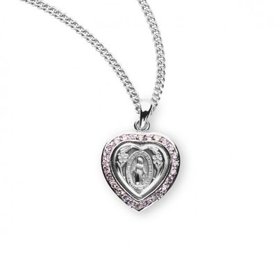 Sterling Silver Pink Cubic Zirconia Mirac. Medal on a 18&quot; Rhodium Plated Chain