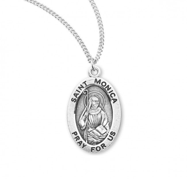 Sterling Silver St. Monica Oval Medal on a 18&quot; Rhodium Plated Chain