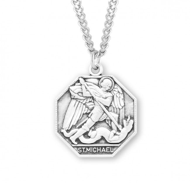 Sterling Silver Octagonal St Michael on a 24&quot; Rhodium Plated Chain