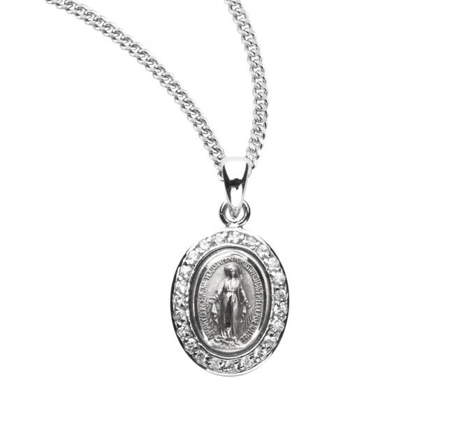 Sterling Silver Crystal Cubic Zirconia Miraculous Medal on a 18&quot; Rhodium Plated Chain