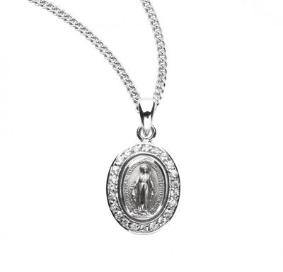 Sterling Silver Crystal Cubic Zirconia Miraculous Medal on a 18&quot; Rhodium Plated Chain
